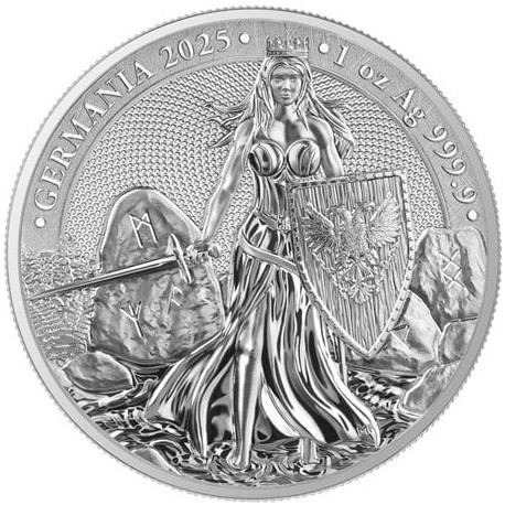 . 1 aaacoin ALEMANIA 5 MARK 2025 LADY GERMANIA CON ESPADA y ESCUDO MEDALLA DE PLATA Germania Mint ONZA OZ + CERTIFICADO
