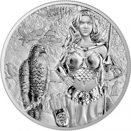 . 1 aaacoin ALEMANIA 5 MARK 2025 VALKIRIA ARNHILD y HALCÓN MEDALLA DE PLATA Germania Mint ONZA OZ Valkyries CÁPSULA