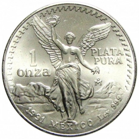MEXICO 1 ONZA 1991 ANGEL LIBERTAD MONEDA DE PLATA PURA SC Mejico Silver coin OZ OUNCE CAPSULA R/3