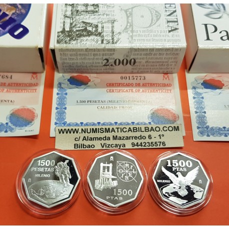 . 3 MONEDAS + ESTUCHES x España 1500 PESETAS 1999 + 1500 PESETAS 2000 MILENIO + IMPRENTA + PALOMA PLATA FNMT