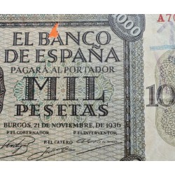 @RARO@ ESPAÑA 1000 PESETAS 1936 BURGOS y ALCAZAR DE TOLEDO Serie A 708463 Pick 103 BILLETE MUY MUY CIRCULADO