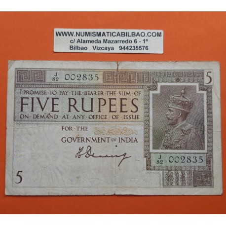 . @SUPER RARO - PVP NUEVO 3.800€@ INDIA 5 RUPIAS 1917 KING GEORGE V Serie J-82 Pick 4 BILLETE MUY CIRCULADO 5 Rupees