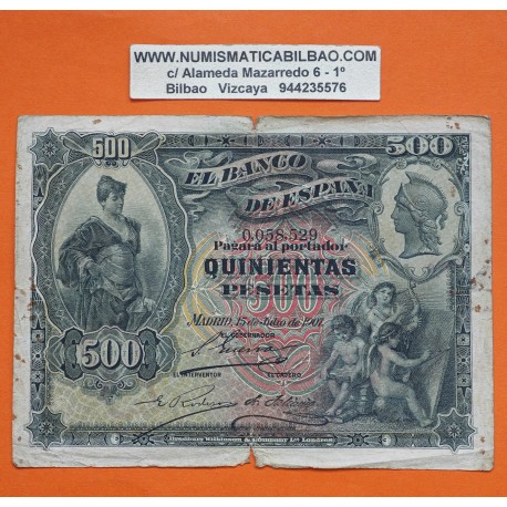 @ SUPER RARO - PVP NUEVO 3.500€@ ESPAÑA 500 PESETAS 1907 JULIO 15 Sin Serie 0058529 Pick 65 BILLETE MUY MUY CIRCULADO