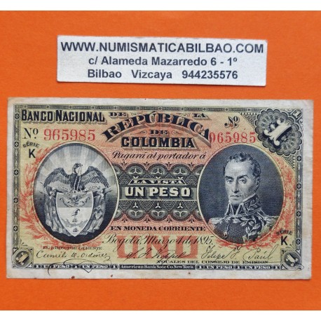 . @PVP NUEVO 950€ COLOMBIA 1 PESO 1895 SIMÓN BOLIVAR Serie K - 965985 Bogotá Pick 214 BILLETE MBC- Banco Nacional