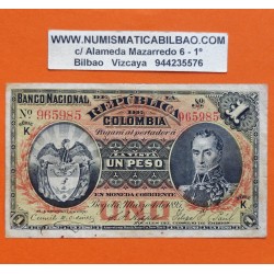 . @PVP NUEVO 950€ COLOMBIA 1 PESO 1895 SIMÓN BOLIVAR Serie K - 965985 Bogotá Pick 214 BILLETE MBC- Banco Nacional