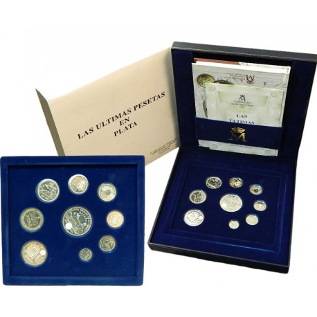 . @RARAS@ ESPAÑA ESTUCHE FNMT LAS ULTIMAS PESETAS EN PLATA 1+5+10+25+50+100+200+500+2000 PESETAS 2001 CERTIFICADO 9 monedas