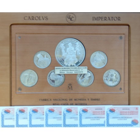 . 7 monedas x ESPAÑA 2000 PESETAS 2000 + 10000 PESETAS 2000 PLATA ESTUCHE FNMT CENTENARIO DE CARLOS V 12 ONZAS
