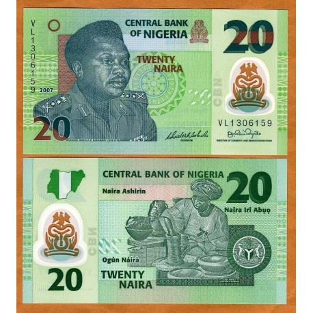 NIGERIA 20 NAIRA 2007 GENERAL MURTALA y ALFARERA Pick 34B BILLETE DE PLASTICO/POLIMERO SC Africa UNC BANKNOTE Polymer