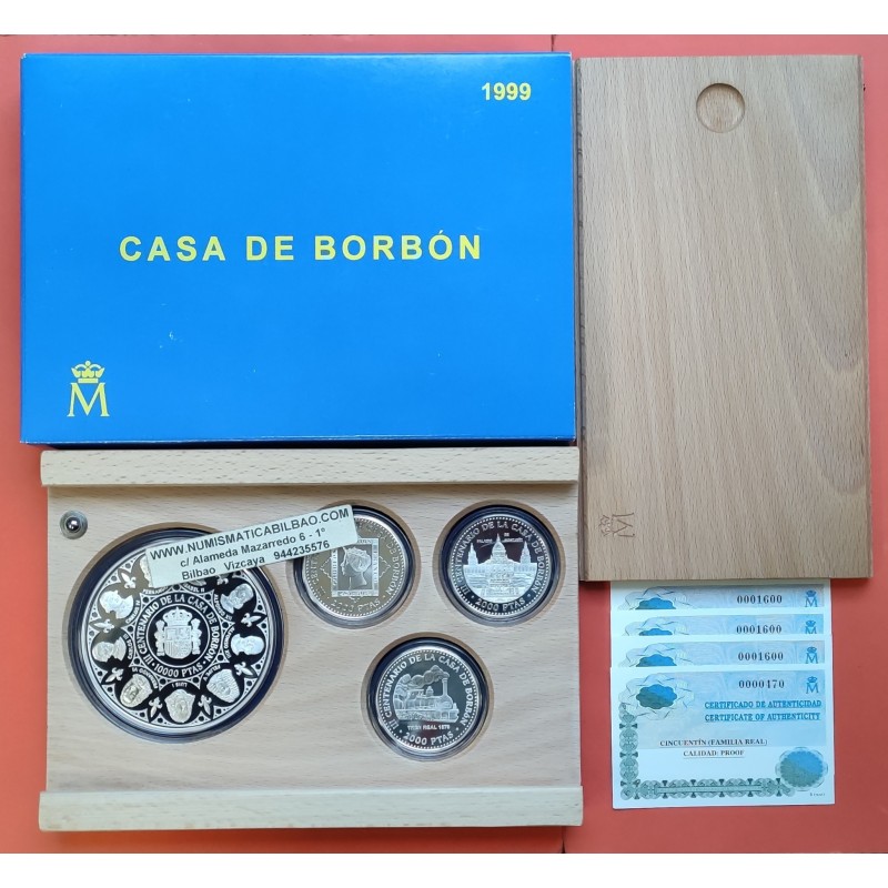 ESPAÑA CASA DE BORBON 3 monedas de 2000 PESETAS + 10000 PESETAS 1999 BORBONES Serie 3ª PLATA ESTUCHE FNMT