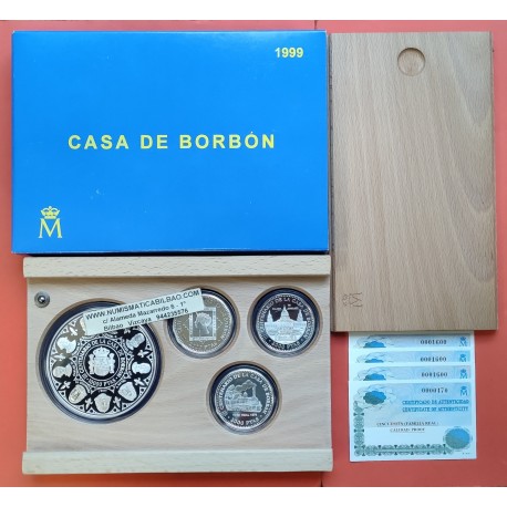 ESPAÑA CASA DE BORBON 3 monedas de 2000 PESETAS + 10000 PESETAS 1999 BORBONES Serie 3ª PLATA ESTUCHE FNMT 7,40 ONZAS