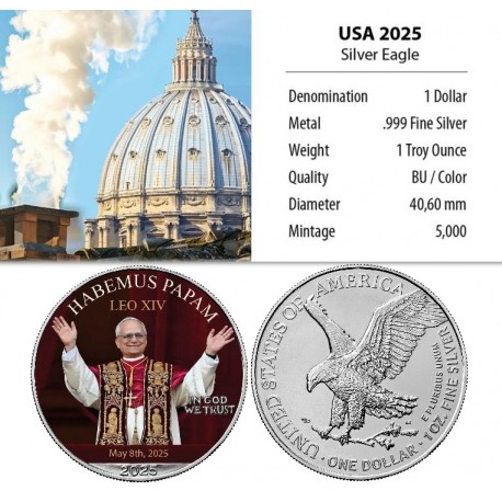 . @COLOR - 5000 uds - PAPA LEÓN XIV@ ESTADOS UNIDOS 1 DOLAR 2025 EAGLE LIBERTY MONEDA DE PLATA PURA 999 cápsula 1 ONZA Oz