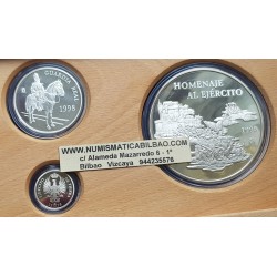 3 monedas x ESPAÑA 1 EURO 1998 + 5 EUROS 1998 + 25 EUROS 1998 HOMENAJE AL EJERCITO ESPAÑOL PLATA SI ESTUCHE SI CERTIFICADO FNMT