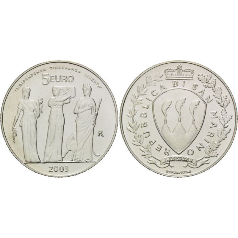 SAN MARINO 5 EUROS 2003 INDEPEDENCIA, TOLERANCIA y LIBERTAD MONEDA DE PLATA SC 18 grs Ley 925 0,53 ONZAS 