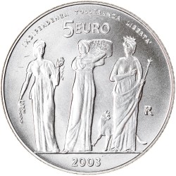 SAN MARINO 5 EUROS 2003 INDEPEDENCIA, TOLERANCIA y LIBERTAD MONEDA DE PLATA SC 18 grs Ley 925 0,53 ONZAS