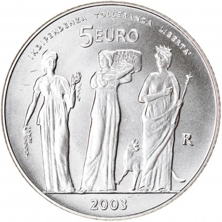 SAN MARINO 5 EUROS 2003 INDEPEDENCIA, TOLERANCIA y LIBERTAD MONEDA DE PLATA SC 18 grs Ley 925 0,53 ONZAS