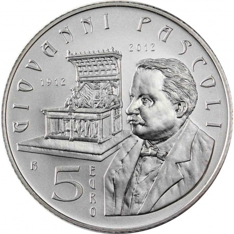 SAN MARINO 5 EUROS 2012 PASCOLI POETA y CASTILLO MONEDA DE PLATA SC 18 grs Ley 925 0,53 ONZAS