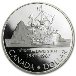 CANADA 1 DOLAR 1987 BARCO ANTIGUO DETROIT DAVIS STRAIT 1587 KM.154 MONEDA DE PLATA PROOF + CÁPSULA + CERTIFICADO