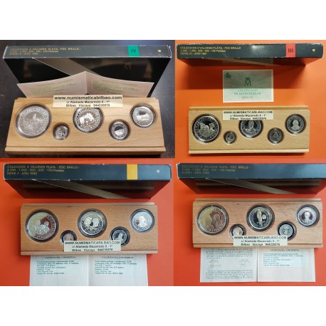 4 x ESPAÑA 100+200+500+1000+2000 PESETAS 1989 1990 1991 1992 PLATA @PROOF@ Serie 5 VALORES ESTUCHE V CENTENARIO