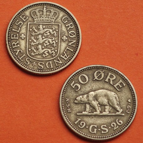 . @ESCASA@ GROENLANDIA 50 ORE 1926 HCN GJ OSO POLAR - Rey CHRISTIAN X KM.6 MONEDA DE LATÓN Greenland