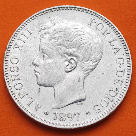ESPAÑA 5 PESETAS 1897 * 18 97 SGV REY ALFONSO XIII KM.707 MONEDA DE PLATA (DURO) Spain R/4