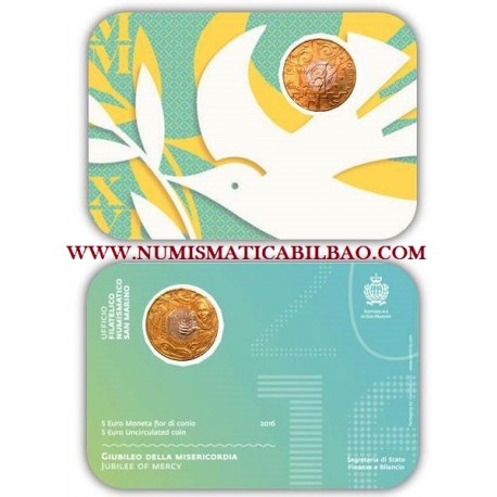 SAN MARINO 5 EUROS 2016 GIUBILEO DELLA MISERICORDIA SC 1ª MONEDA BIMETALICA CONMEMORATIVA BLISTER IMPERFECTO