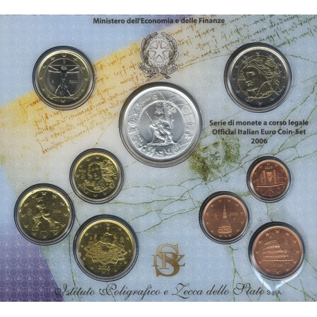 ITALIA CARTERA OFICIAL EUROS 2006 SC 1 Céntimo a 2 EUROS + 5 EUROS 2006 MONEDA DE PLATA 18 grs Ley 925 @RARA@ 0,53 ONZAS