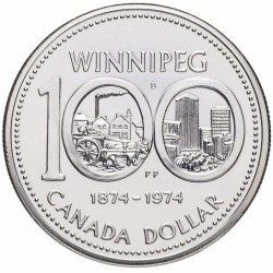 CANADA 1 DOLAR 1974 1874 CENTENARIO DE LA CIUDAD DE WINNIPEG KM.88A MONEDA DE PLATA PROOF $1 Dollar silver coin