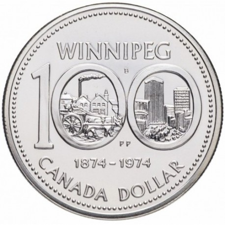 CANADA 1 DOLAR 1974 1874 CENTENARIO DE LA CIUDAD DE WINNIPEG KM.88A MONEDA DE PLATA PROOF $1 Dollar silver coin