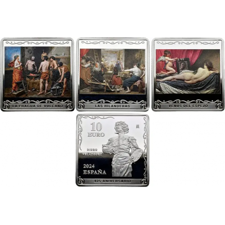 . 3 monedas x ESPAÑA 10 EUROS 2024 HILANDERAS + FRAGUA DE VULCANO + VENUS Velazquez PLATA FNMT ONZAS