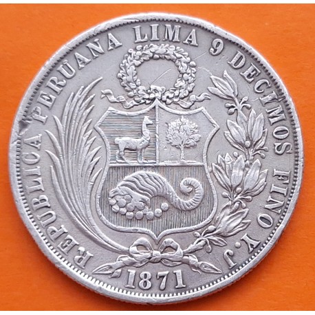 PERU 1 SOL 1871 Y.J. Ceca de Lima DAMA SENTADA KM.196.1 MONEDA DE PLATA MBC @RATITAS@ República Peruana