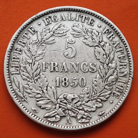 . @ESCASA@ FRANCIA 5 FRANCOS 1850 A Ceca de PARIS CERES KM.761.1 @LIMPIADA@ MONEDA DE PLATA MBC- France 5 Francs silver coin