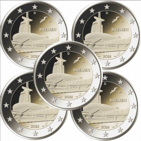 . @ENVÍO HOY@ ALEMANIA 2 EUROS 2026 A+D+F+G+J BREMEN CASA DEL CLIMA 5 MONEDAS CONMEMORATIVAS SC Germany