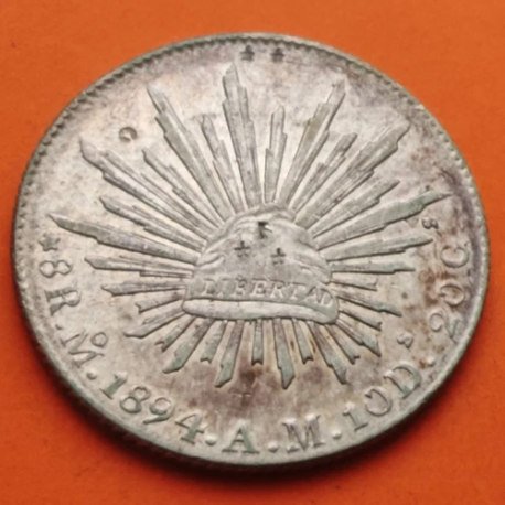 . @RESELLOS CHINOS@ MEXICO 8 REALES 1894 Mo AM GORRO FRIGIO KM.377.10 MONEDA DE PLATA @CHOP MARKS@ República Mexicana BOTH