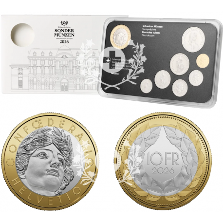 . 1 aaaaaaaaacoin @17/FEBRERO Envío@ 2026 SUIZA ESTUCHE OFICIAL SWISS MINT FDC 5+10+20 RAPPEN y 1/2+1+2+5 + 10 FRANCOS 2025 KMS