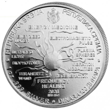 . @17/FEBRERO Envío@ SERBIA 100 DINARA 2026 ENERGY MEDICINE Serie NIKOLA TESLA MONEDA DE PLATA PURA Oz 1 ONZA cápsula