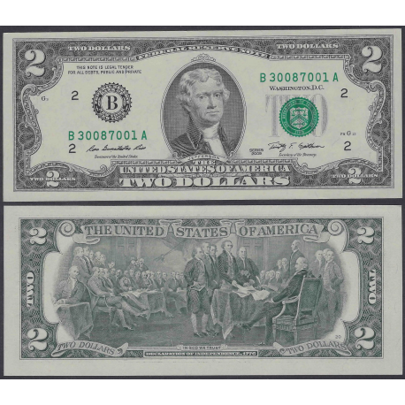 "EL BILLETE DE LA SUERTE" x ESTADOS UNIDOS 2 DOLARES 2009 Letra B NEW YORK - THOMAS JEFFERSON Pick 516 BILLETE SC USA