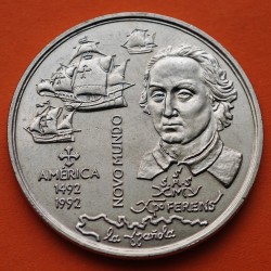 PORTUGAL 200 ESCUDOS 1992 NOVO MUNDO 1492 CRISTOBAL COLON CARABELAS 1515 y ABORIGEN KM.660 MONEDA DE NICKEL SC + Imperfecciones