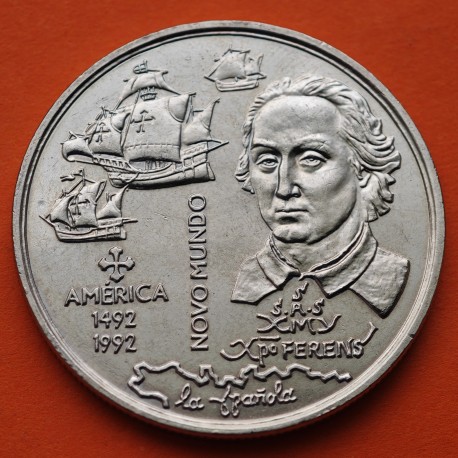 PORTUGAL 200 ESCUDOS 1992 NOVO MUNDO 1492 CRISTOBAL COLON CARABELAS 1515 y ABORIGEN KM.660 MONEDA DE NICKEL SC + Imperfecciones