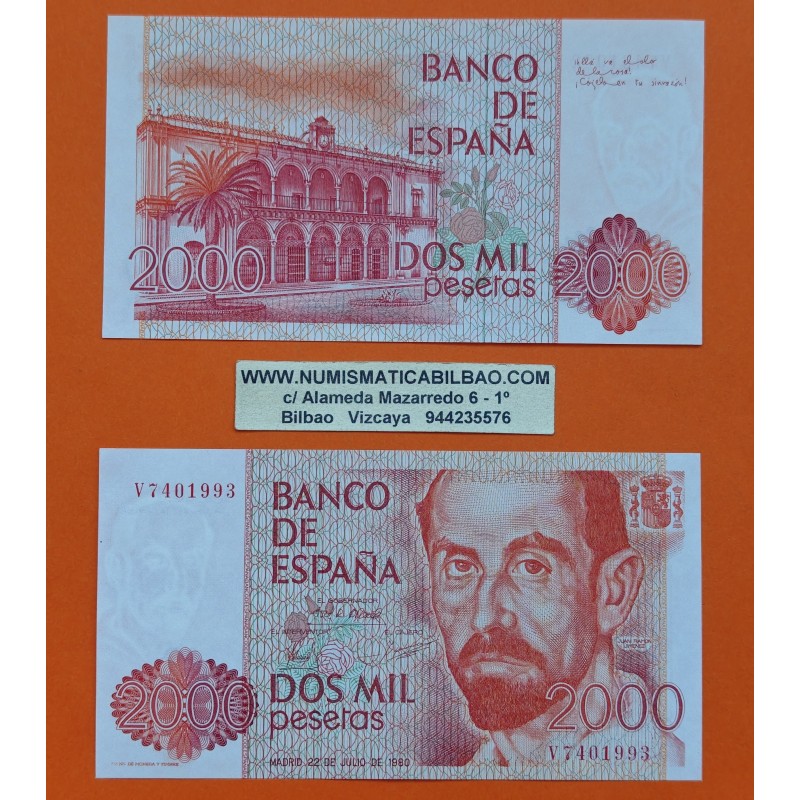 . 1 Billete NUEVO + DOBLEZ x España 2000 PESETAS 1980 JUAN RAMON JIMENEZ Serie V Pick 159 Spain banknote