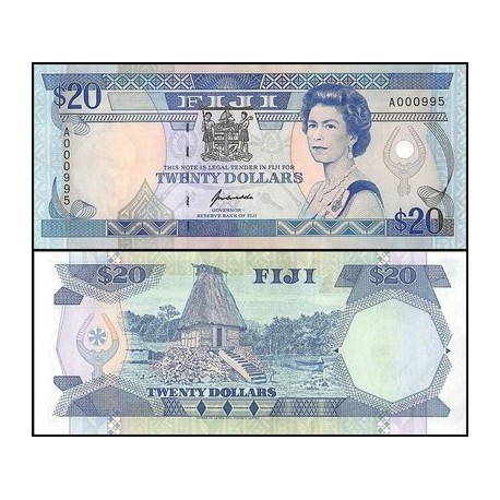 . @RARO@ FIJI 20 DOLARES 1992 CABAÑA NATIVA y REINA ISABEL II Pick 95.A BILLETE SC Fidji UNC BANKNOTE