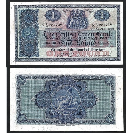 . @RARO@ ESCOCIA 1 LIBRA 1966 THE BRITISH LINEN BANK BRITANNIA Pick 166.C BILLETE SC Scotland Pound UNC BANKNOTE