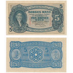 NORUEGA 5 KRONER 1943 CHRISTIE ISSUE - Firmas MELDAHL-NIELSEN Pick 7.C BILLETE SC WWII Norway