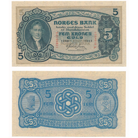NORUEGA 5 KRONER 1943 CHRISTIE ISSUE - Firmas MELDAHL-NIELSEN Pick 7.C BILLETE SC WWII Norway