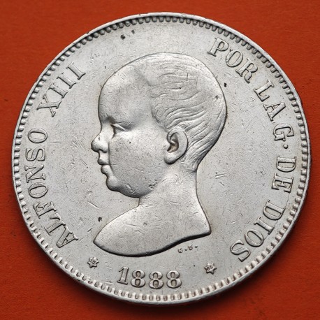 ESPAÑA 5 PESETAS 1888 * 18 88 MPM REY ALFONSO XIII KM.689 MONEDA DE PLATA (DURO) Spain silver R/4