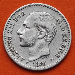 ESPAÑA Rey ALFONSO XII 50 CENTIMOS 1881 * 8/1 MSM REY y ESCUDO KM.685 MONEDA DE PLATA MBC Spain R/2