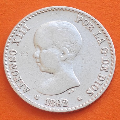 ESPAÑA Rey ALFONSO XIII 50 CENTIMOS 1892 * 9 2 PGM Tipo PELON KM.690 MONEDA DE PLATA MBC- Spain silver R/4