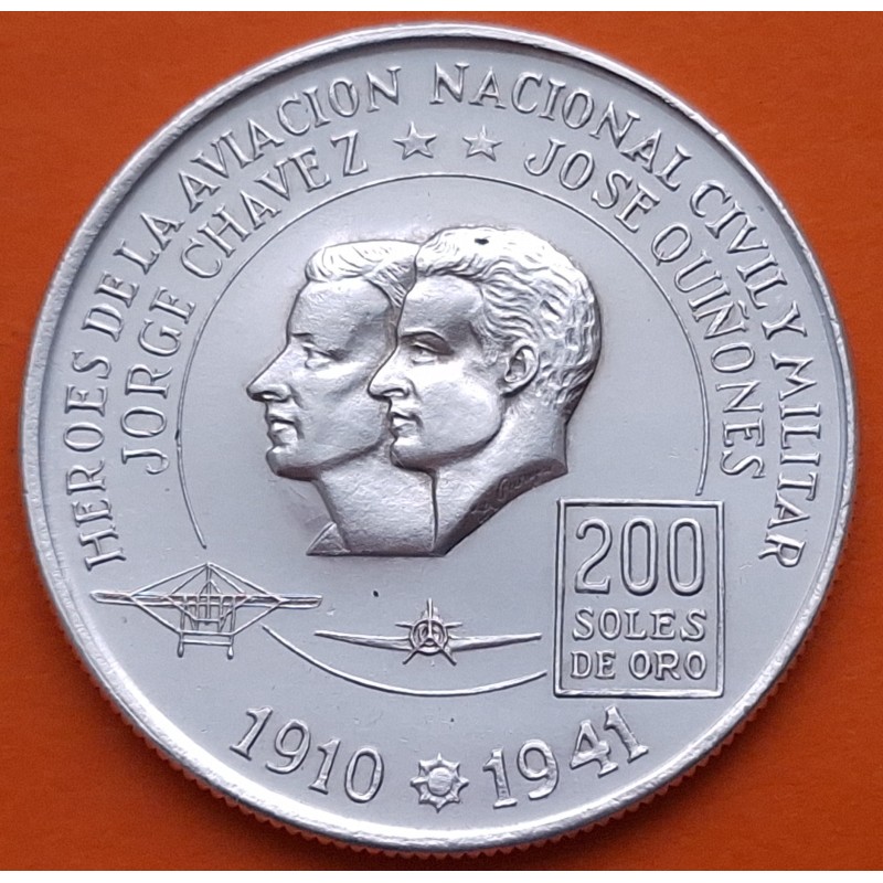 PERU 200 SOLES DE ORO 1974 HEROES DE LA AVIACION CHAVEZ y QUIÑONES KM.235 MONEDA DE PLATA @LIMPIADA@ silver coin R/3
