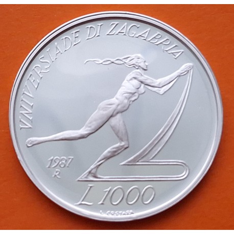 SAN MARINO 1000 LIRAS 1987 JUEGOS UNIVERSITARIOS DE ZAGABRIA KM.214 MONEDA DE PLATA PROOF 1000 Lire