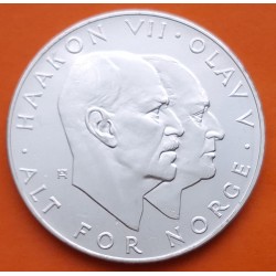 NORUEGA 25 KRONER 1970 1945 REYES OLAV y HAAKON VII LIBERACION DE LOS NAZIS KM.414 MONEDA DE PLATA SC Norway silver coin
