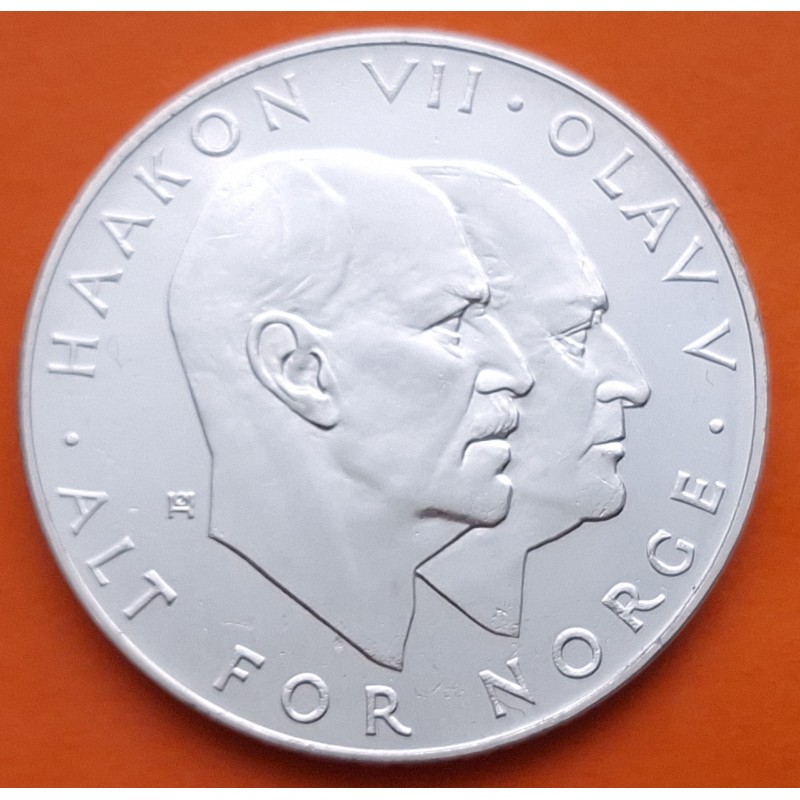 NORUEGA 25 KRONER 1970 1945 REYES OLAV y HAAKON VII LIBERACION DE LOS NAZIS KM.414 MONEDA DE PLATA SC Norway silver coin